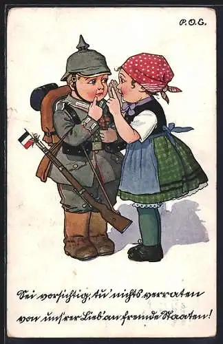 Künstler-AK P. O. Engelhard (P.O.E.): Kleiner Soldat mit Pickelhaube und seiner Frau