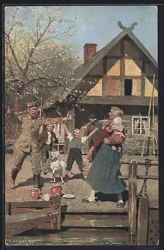 Künstler-AK sign. C. Röchling: Soldat kommt auf Heimaturlaub nach Haus