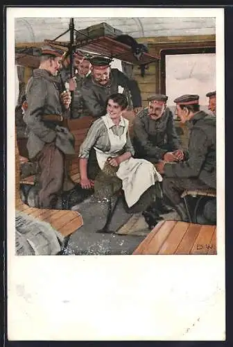 Künstler-AK Brynolf Wennerberg: Kriegspostkarten - Urlaubsfahrt, Dienstmädchen und Feldgraue in Bahnabteil