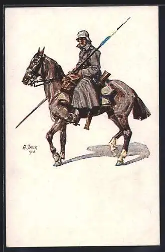 Künstler-AK Angelo Jank: Kavallerist in Uniform mit Lanze