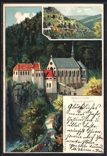 Lithographie Dusenbach, Stationenweg zur Kirche, Prozession an der Kirche