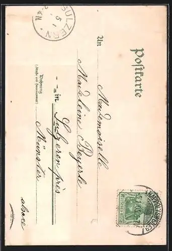 Lithographie Dusenbach, Stationenweg zur Kirche, Prozession an der Kirche