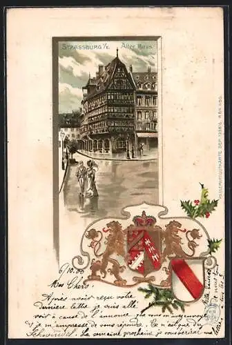 Passepartout-Lithographie Strassburg, Altes Haus an der Strasse, geprägte Wappen