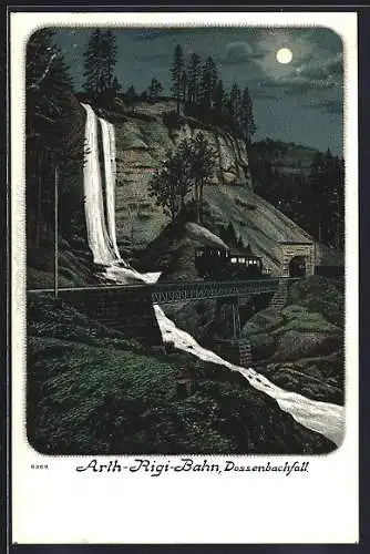 Lithographie Arth-Rigi-Bahn am Dossenbachfall bei Nacht