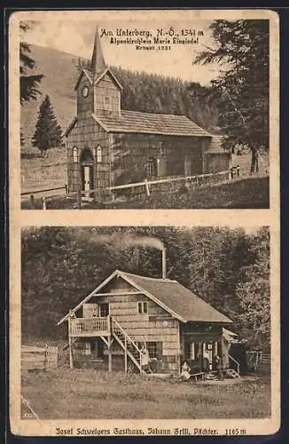 AK Rohr im Gebirge, Unterberg, Josef Schweigers Gasthaus, Bes. Johann Grill, Alpenkirchlein Marie Einsiedel