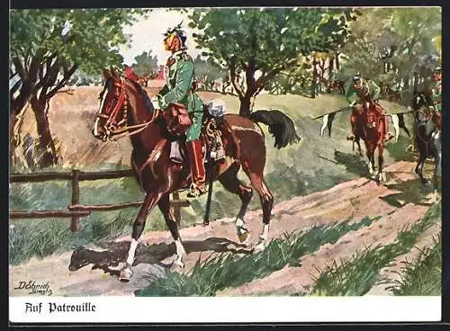 Künstler-AK Döbrich-Steglitz: Kavallerie auf Patrouille