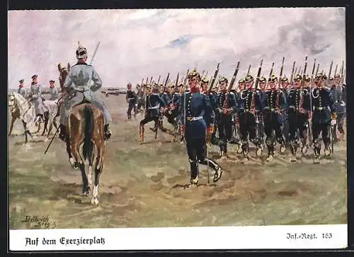 Künstler-AK Döbrich-Steglitz: Auf dem Exerzierplatz, Inf.-Rgt. 163