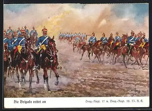 Künstler-AK Döbrich-Steglitz: Dragoner-Regiment Nr. 17 und Nr. 18 reitet an