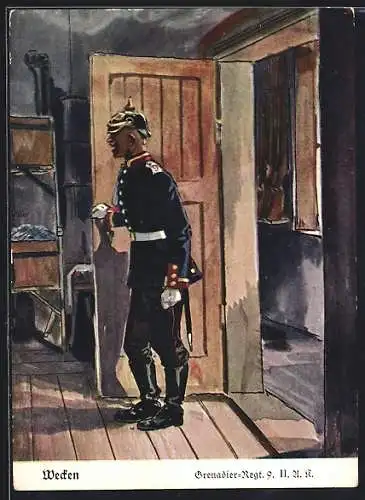 Künstler-AK Döbrich-Steglitz: Wecken, Grenadier-Regiment 9. II. U. R.