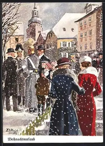 Künstler-AK Döbrich-Steglitz: Weihnachtsurlaub, deutsche Offiziere im Gespräch mit vornehmen Herren
