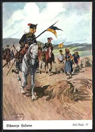 Künstler-AK Döbrich-Steglitz: Schwarze Husaren, Hus.Regt. 17