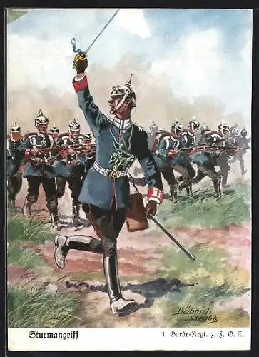 Künstler-AK Döbrich-Steglitz: Sturmangriff, 1. Garde-Regt. z. F.