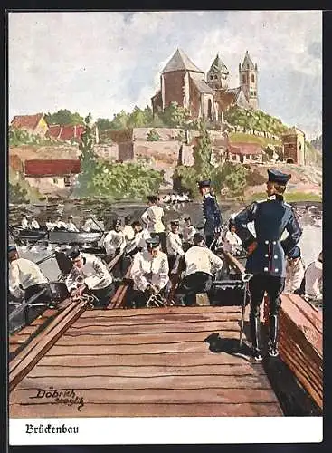 Künstler-AK Döbrich-Steglitz: Pioniere beim Errichten einer Brücke