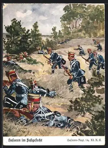 Künstler-AK Döbrich-Steglitz: Husaren-Regiment 14 im Fussgefecht