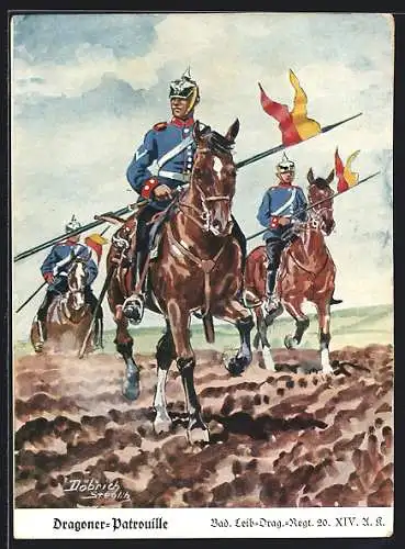 Künstler-AK Döbrich-Steglitz: Dragoner-Patrouille, Bad. Leib.-Drag.-Regt. 20