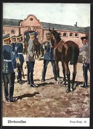 Künstler-AK Döbrich-Steglitz: Pferderevision, Drag.-Regt. 16