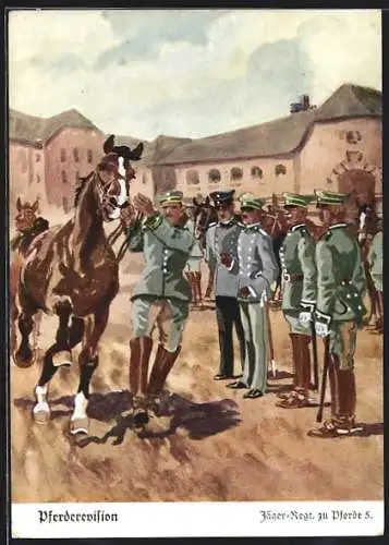 Künstler-AK Döbrich-Steglitz: Pferderevision, Jäger-Regt. zu Pferde 5
