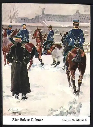 Künstler-AK Döbrich-Steglitz: Aller Anfang ist schwer, Ulanen-Regt. 20