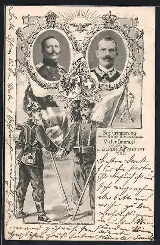 AK Portrait Kaiser Wilhelm II. und Victor Emanuel von Italien, deutscher und italienischer Soldat geben sich die Hand