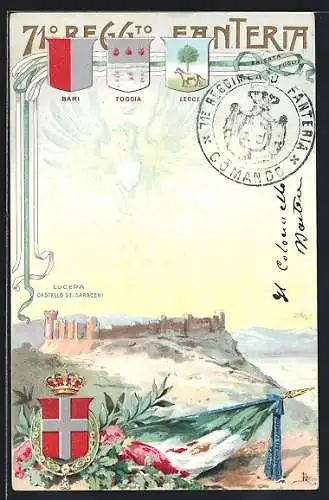 Künstler-AK 71. Regg. Fanteria, Lucera, Castello dei Saraceni, Wappen