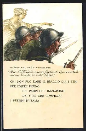 Künstler-AK sign. Aldo Mazza: Kriegsanleihe, Italienische Soldaten mit Bajonett folgen Weisung der Italia