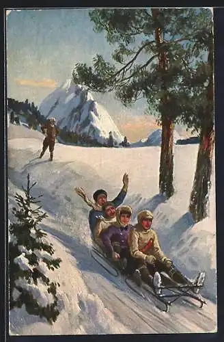 AK Rodelheil!, Wintersportler rodeln mit einem Schlitten