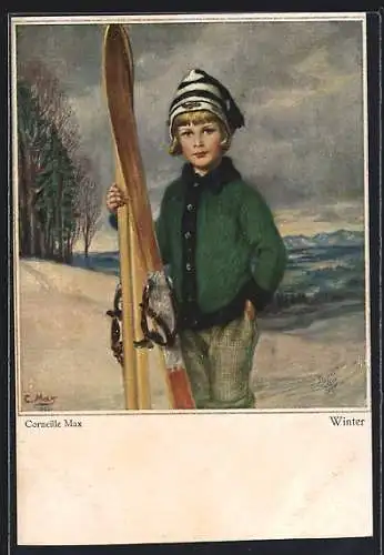 Künstler-AK Corneille Max: Kleiner Skiläufer in einer Winterlandschaft