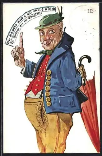 Künstler-AK Hans Boettcher: Schwabe in Volkstracht mit Schirm hinterm Rücken