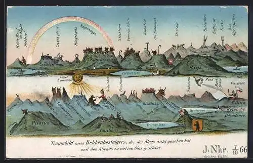 AK Traumbild eines Belchenbesteigers, Illustration der Berge am Thuner und Zürcher See, Pilatus und Rigi, Berggesichter