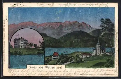 Seiden-Imitations-AK Weissensee / Füssen, Panorama mit Kirche, See und Bergen, Villa