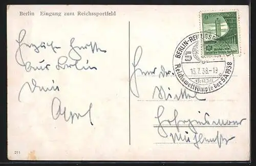 AK Berlin, Reichssportfeld, Eingang mit Olympischen Ringen