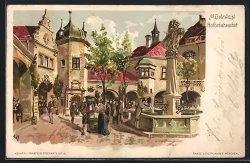 Lithographie Münchner Hofbräuhaus mit Brunnen