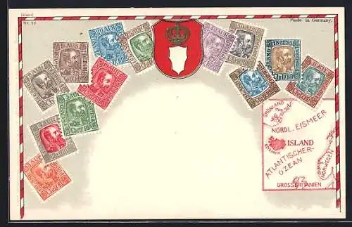 AK Island, Briefmarken, Landkarte Island und Umgebung
