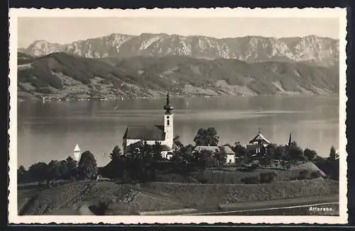 AK Attersee, Uferpartie mit Kirche