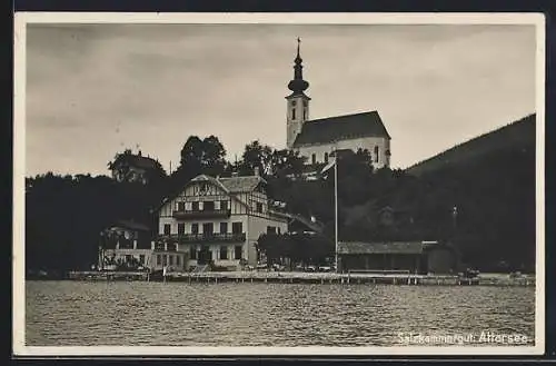 AK Attersee /Salzkammergut, Gasthof Oberndorf und Kirche vom Wasser aus