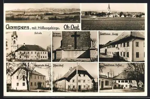 AK Gampern, Panorama, Schule, Gasthaus Gugg & Gasthaus Kofler