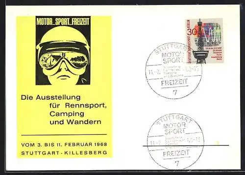AK Stuttgart-Killesberg, Ausstellung Motor, Sport, Freizeit 1968, Kopf mit Motorradhelm und -brille