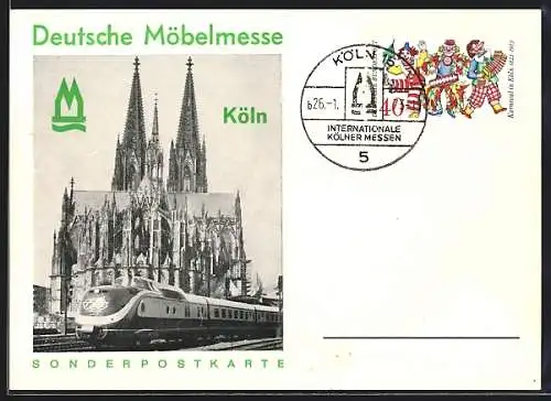 AK Köln, Deutsche Möbelmesse 1973, Eisenbahn vor dem Dom, Sonderstempel