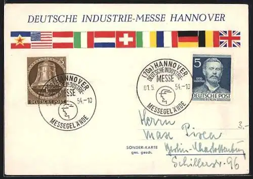 AK Hannover, Deutsche Industrie-Messe 1954, Nationalflaggen und Sonderstempel