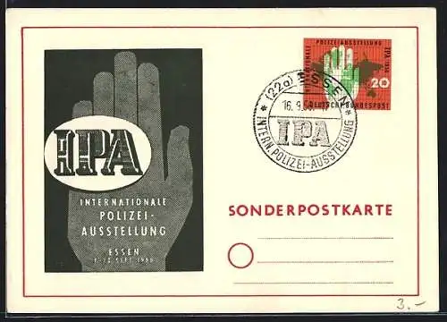 AK Essen, Internationale Polizei-Ausstellung 1956, Logo der IPA, Sonderstempel und -briefmarke