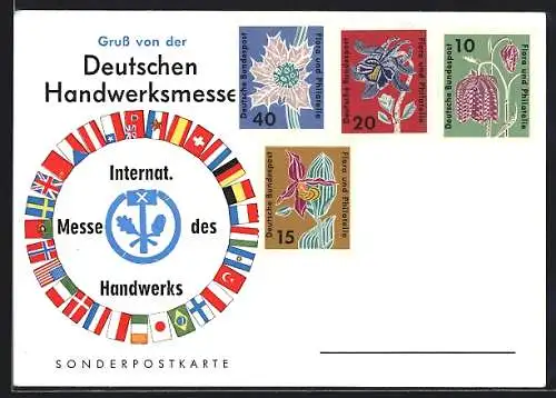 AK Deutsche Handwerksmesse, Logo und Nationalflaggen, Sonderbriefmarken