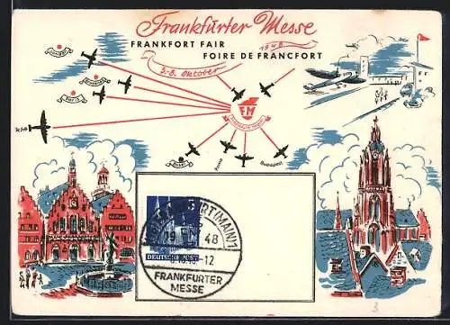 AK Frankfurt /Main, Frankfurter Messe 1948, Stadtmotive, Flugverbindungen, Sonderstempel
