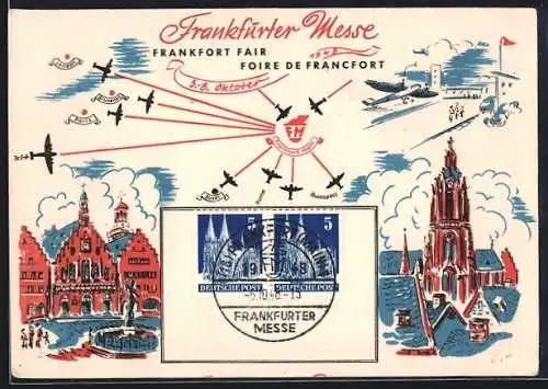 AK Frankfurt /Main, Frankfurter Messe 1948, Stadtmotive, Flugverbindungen, Sonderstempel