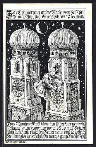 AK 1. Mai 1916, Einführung der Sommerzeit, Münchner Kindl rückt an den Frauentürmen die Zeiger vor