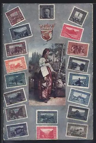 AK Briefmarken Bosnien Herzogowin mit Bildnis Kaiser Franz Josef I. v. Österreich & Ortsansichten, junge Frau in Tracht