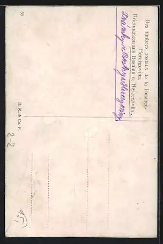 AK Briefmarken Bosnien Herzogowin mit Bildnis Kaiser Franz Josef I. v. Österreich & Ortsansichten, junge Frau in Tracht