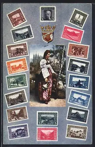 AK Briefmarken Bosnien Herzogowin mit Bildnis Kaiser Franz Josef I. v. Österreich & Ortsansichten, junge Frau in Tracht