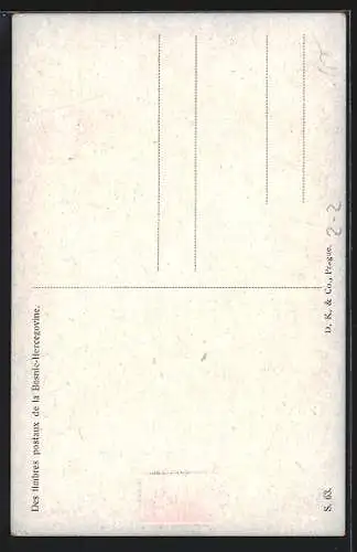 AK Briefmarken Bosnien Herzogowin mit Bildnis Kaiser Franz Josef I. v. Österreich & Ortsansichten, junge Frau in Tracht