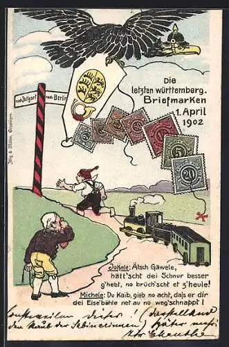 AK Die letzten württembergischen Briefmarken 1. April 1902, Jokele und Michele