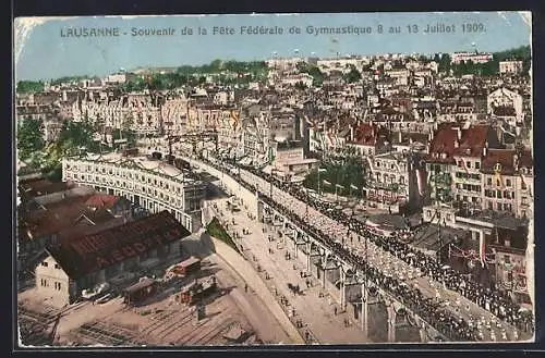 AK Lausanne, Fete Féderale de Gymnastique 1909, Festzug aus der Vogelschau